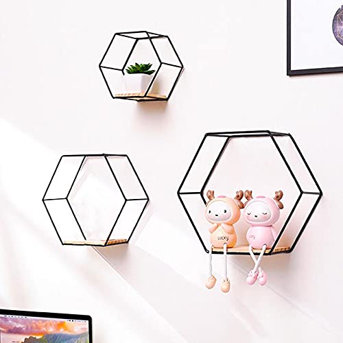 Hexagon Floating Shelves, Wall Mounted Decorative Geometric Shelf for Wall Decor, Different Sizes Modern Metal Framed Gold Shelf, for Living Room, Bedroom, Kitchen, Office, Set of 3 Size