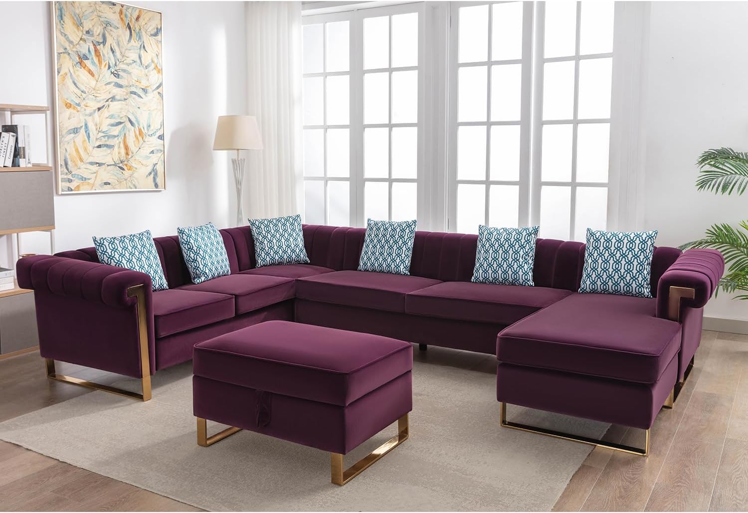 Velvet Upholstered 7-Seater Sectional Sofa with Reversible Chaise, Purple