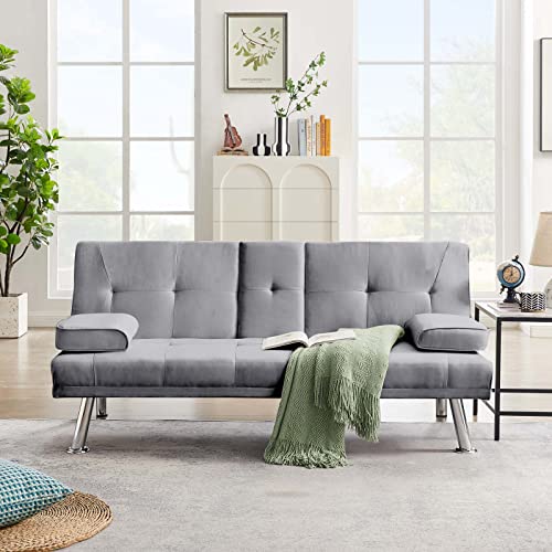 TMEOSK 66''Convertible Futon Sofa Bed, Modern Folding Linen Sleeper Couch Bed with 2 Cup Holders and Armrest, Loveseat Sofa for Living Room Apartment Office (Drak Gray)