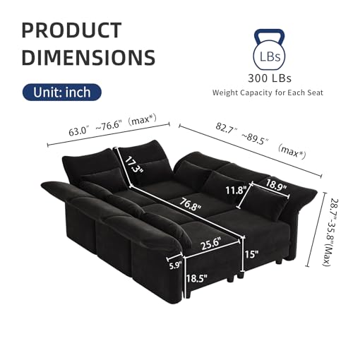 LLappuil Chenille Modular Sectional Sofa 8 Seater 114 Inch Large Sleeper Sectional Couches for Living Room with Storage, Adjustable Armrest Backrest, Black