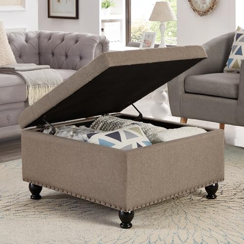 Upholstered Square Ottoman, 30 Inch Linen Fabric Button Tufted Storage Ottoman with Wooden Legs Coffee Table with Nail Trims 4 in 1 Storage Chest Footrest Padded Seat End Table, Khaki