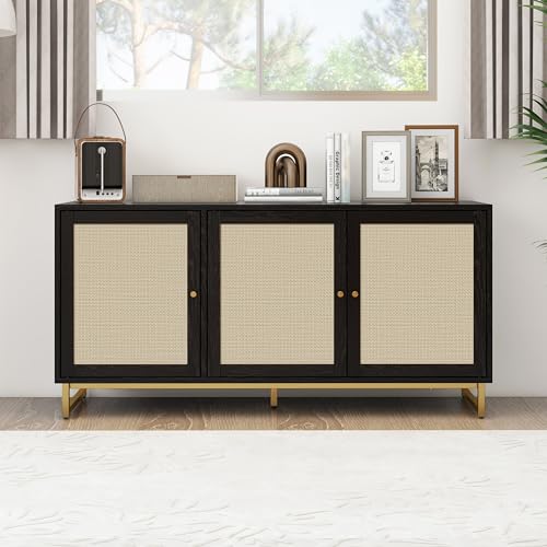 Rattan Buffet Cabinet with Storage-Wood Accent Sideboard with 3 Natural Rattan Doors,Adjustable Interior Shelves Console Table with Metal Frame for Living Room,Hallway,Entryway (Natural)