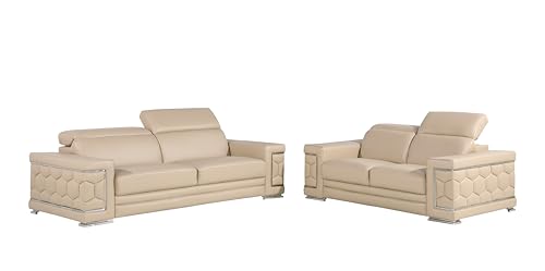 Soren 2 Piece Leather Upholstered Adjustable Headrests, Solid Brazilian Wood Frame and High Density Foam Cushioning, Sofa and Loveseat, White