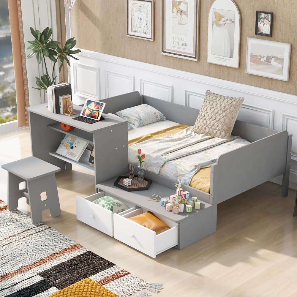 Wood Twin Size Platform Bed with 2 Drawers and 1 Chair&Desk Set, Gray+White 2-Numbers of Package Pine Wood+MDF 300Lb 8pcs 143Lb White+Gray GX000714AAE