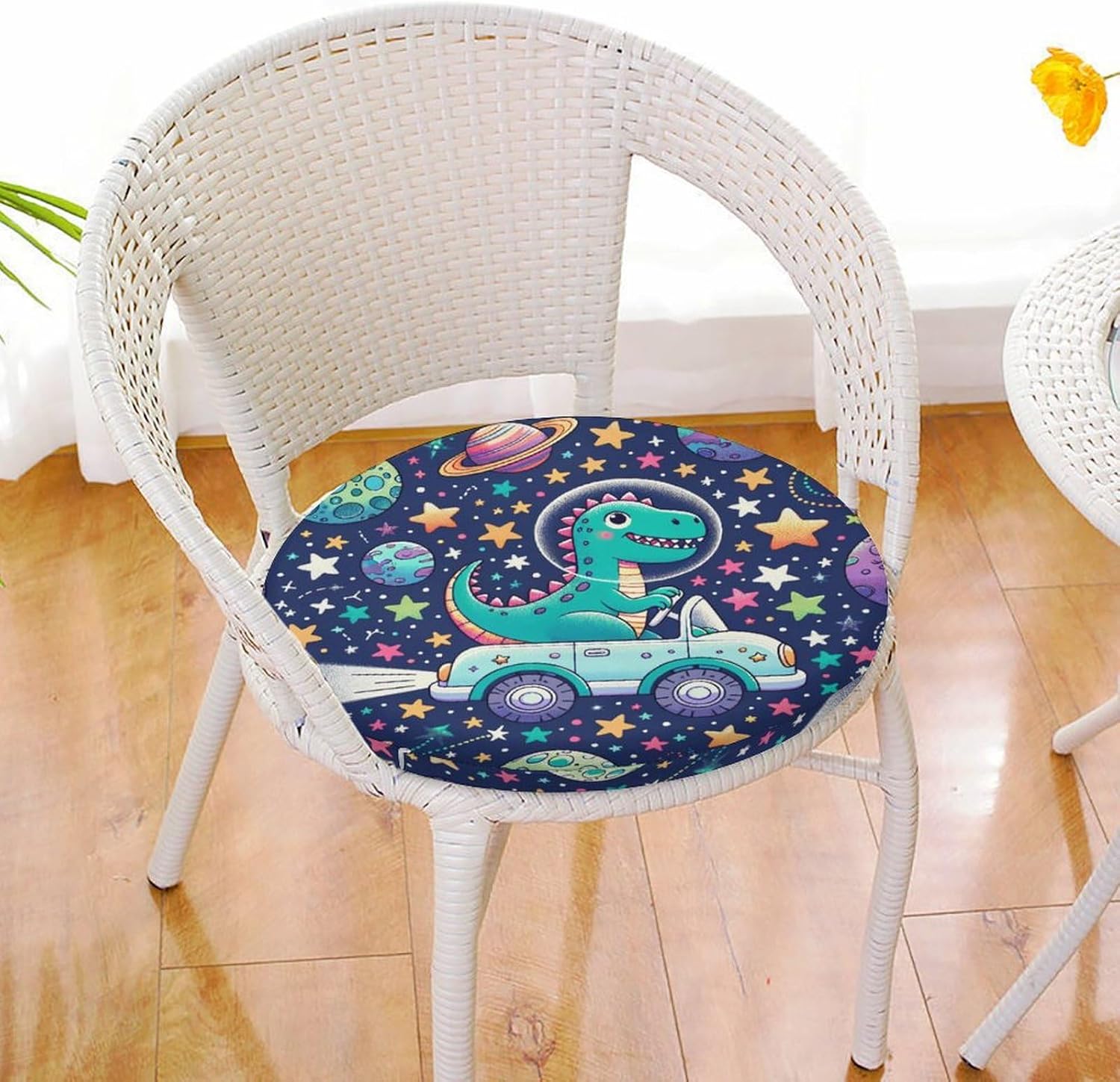 Round Seat Cushion Dinosaurs Space Traveling Soft Memory Foam Chair Pads Non Slip Removable Washable Zipper Chair Cushions for Office Kitchen Dining Room Tatami 15.35in