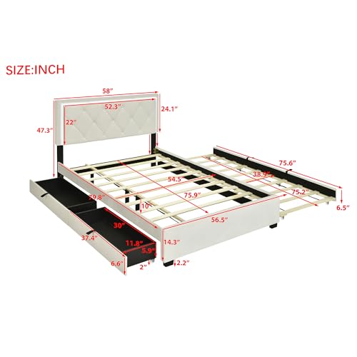 Velvet Upholstered Queen Size Platform Bed with 2 Storage Drawers and Twin XL Trundle, Headboard Built-in LED Light for Adults Boys Girls, No Box Spring Needed (Beige-015)