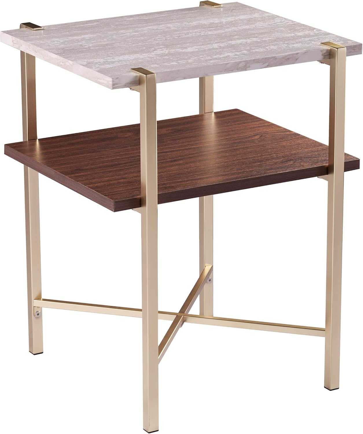 SEI Furniture Ardmillan Two-Tier Faux Marble Top Square End Table, Brass, Dark Tobacco, White
