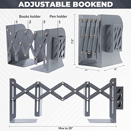 Adjustable Desk Storage Bookends with Pen Stand Holder – 2-in-1 Bookend and Pen Stand – Telescopic Design – Expands Up to 20” – Multipurpose and Versatile – Desktop Accessory