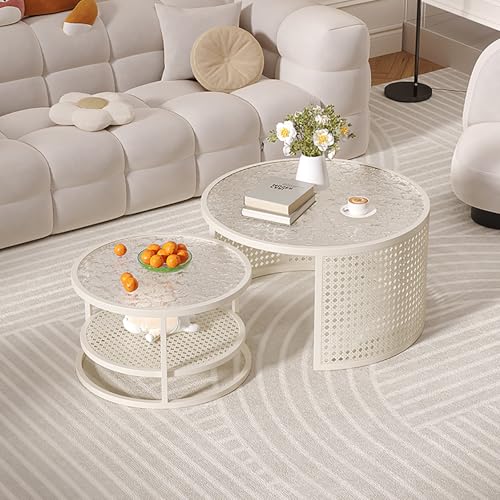 Round Coffee Table Set of 2, Nordic Style Glass Coffee Side Table, Coffe Table with Storage Shelf, for Living Room Bedroom Offic(Beige brown,23.6in/60cm)