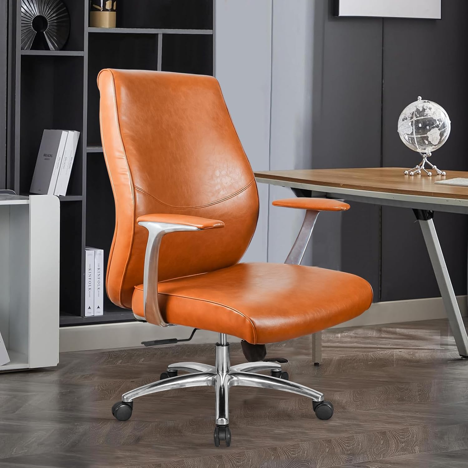 Executive Office Chair - Leather Big and Tall Office Chair Ergonomic Computer Desk Chair with Arms, Lumbar Support High Density Foam Padding, PU Swivel-Chair with Rocking Function Sturdy Base, Brown
