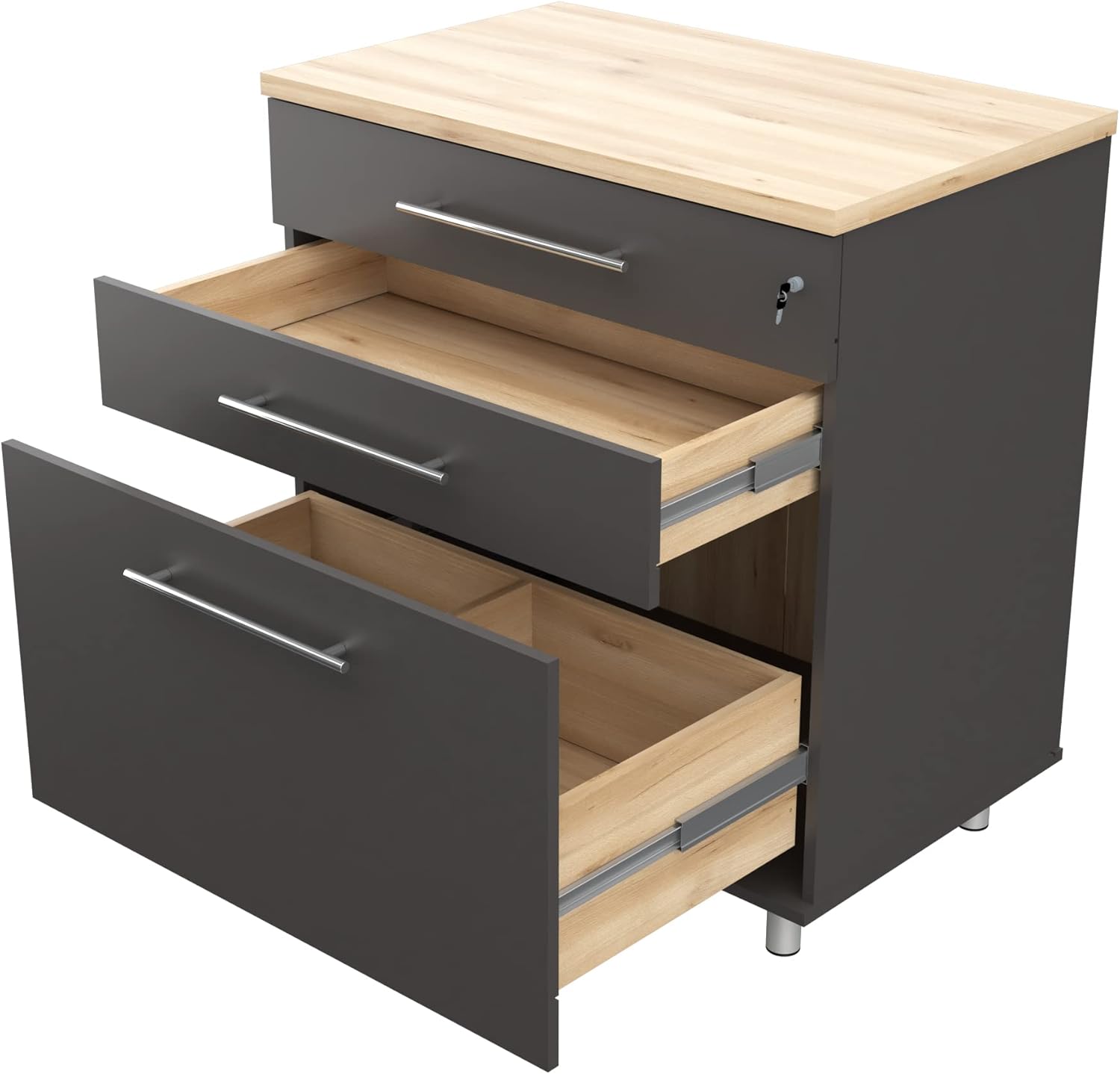 Inval Engineered Wood Garage Storage, Kratos 3-Drawer Lower Cabinet, Dark Gray and Maple