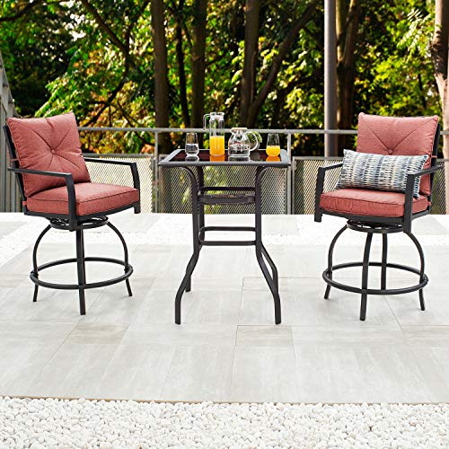 LOKATSE HOME Bar Outdoor Bistro Set Balcony Height Patio Furniture Hightop Stools Counter Swivel Pub Chairs with Glass Top Table, Beige