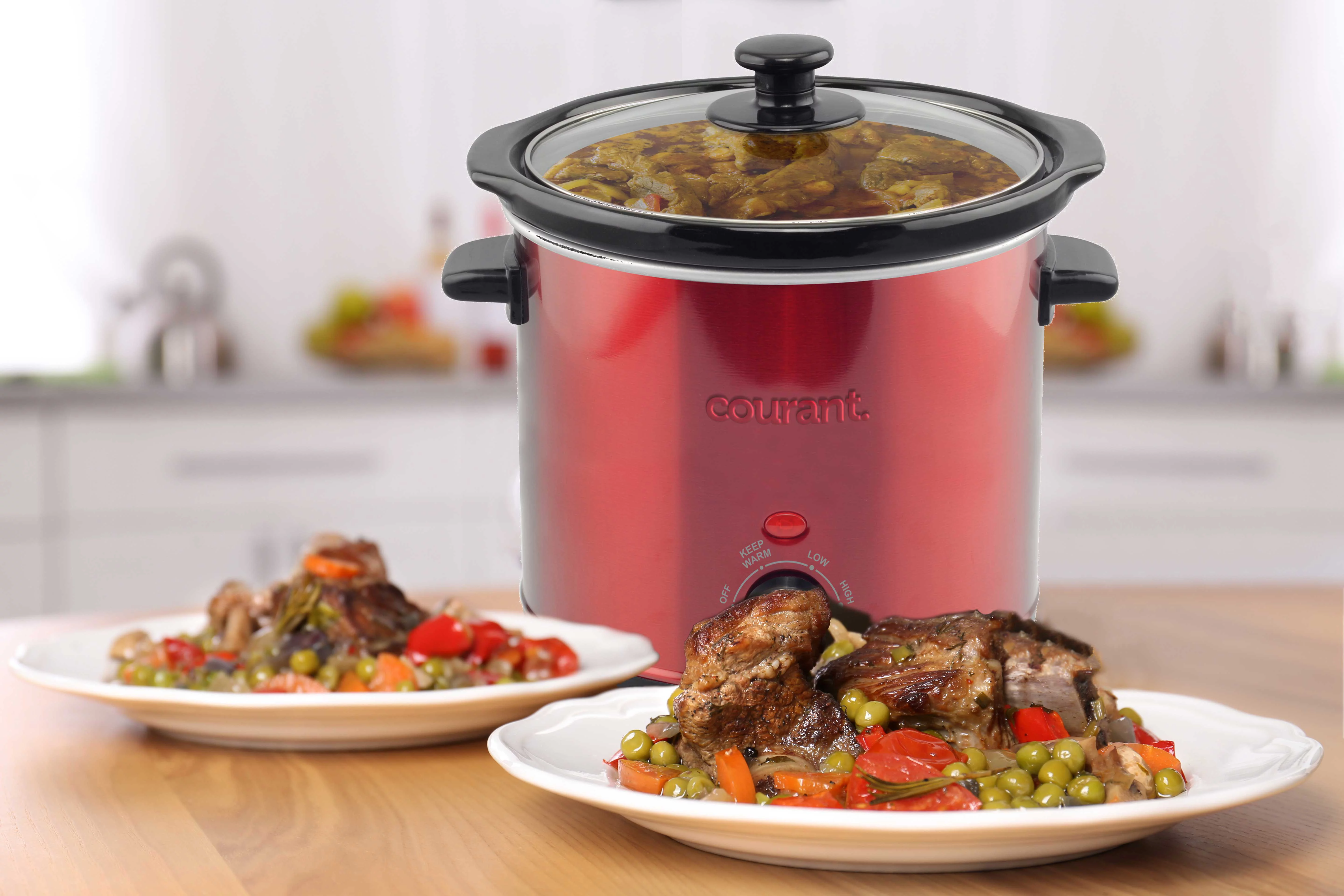 Courant Slow Cooker 3.2 Quart Crock Dishwasher Safe Stainproof Pot and Glass Lid, Round Manual Slow Cooker, Red Stainless Steel