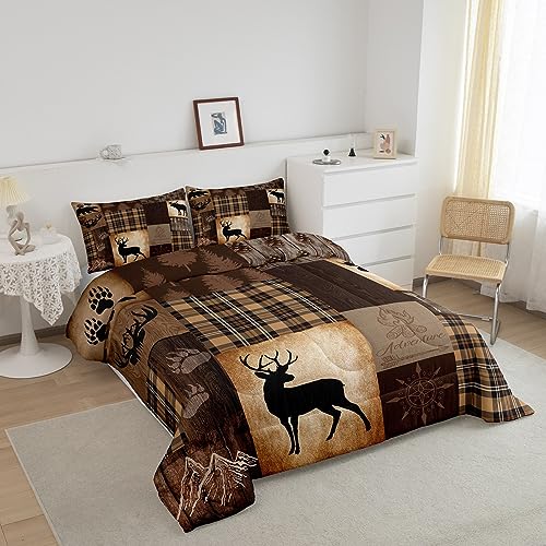 Manfei Pink Camouflage Comforter Set Queen Size, Wild Animal Deer Antlers Print Quilt Set with 2 Pillowcases, Pink Black White Grid Plaid Camo Print Bedding Set 3pcs for Kids Girls Room Decor