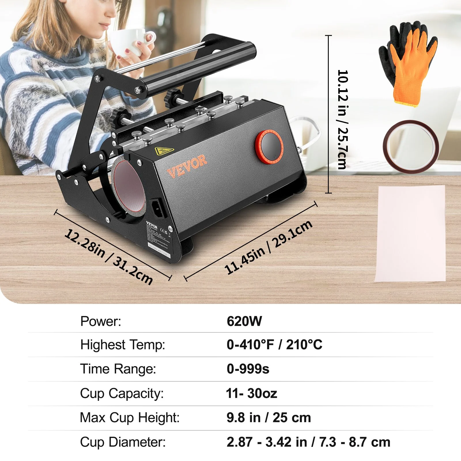 VEVOR Tumbler Heat Press, 30oz Mug Heat Press Machine Sublimation Transfer 11-15oz 16-25oz 30oz Straight Skinny Tumblers, Cup Heat Press with Heat-Resist Gloves & Tape, DIY Ceramic Mugs Cups Glasses
