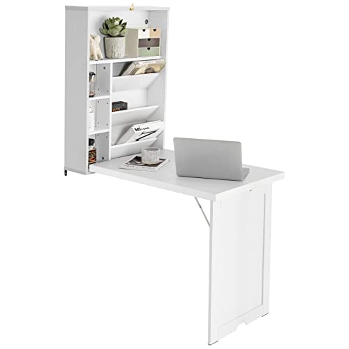 Folding Wall-Mounted Desk, Convertible Computer Desk, Floating Desk, Storage Bookcases, Adjustable Shelves, Space Saving Fold up Workstation for Home, Office, Dinning Room (White)
