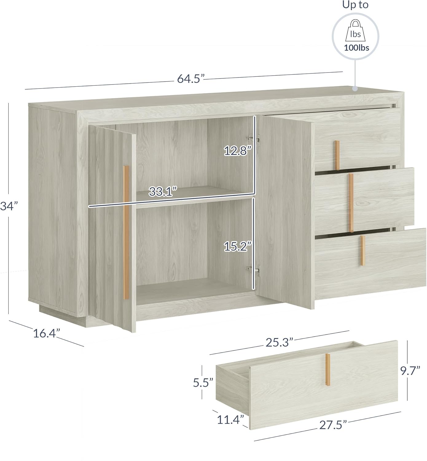 BELLEZE 64.5” Sideboard Buffet Cabinet, Modern Fluted Door Console Table with 3 Drawers and Adjustable Shelves, Accent Storage Cabinet for Entryway, Living Room & Dining Room - White Sand