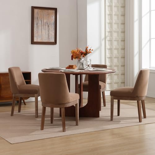 Wahson Modern Dining Chairs with Natural Wood Legs, Set of 4 Linen Upholstered Dining Chairs with Curved Backrest, Accent Side Chairs for Living Room/Bedroom/Dining Room, Khaki