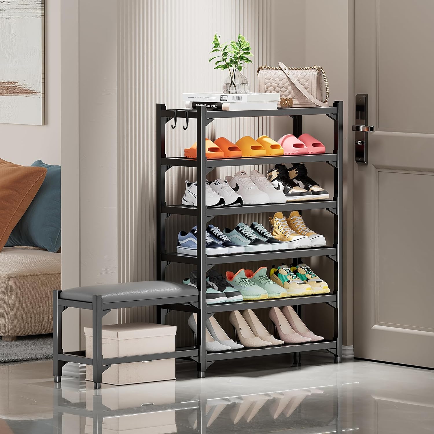 Shoe Rack with Bench, 6-Tier Shoe Storage Bench, Entryway Bench, Holds Up to 400 lb, Space-Saving Shoe Organizers Without Screws，Shoe Rack Bench for Entryway Bathroom Bedroom