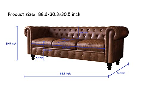 Yoglad Chesterfield Sofa, Rolled Arm Sofa with Faux Leather, 3 Seater Couch with Wooden Frame, for Living Room, Bedroom or Apartment (Brown)