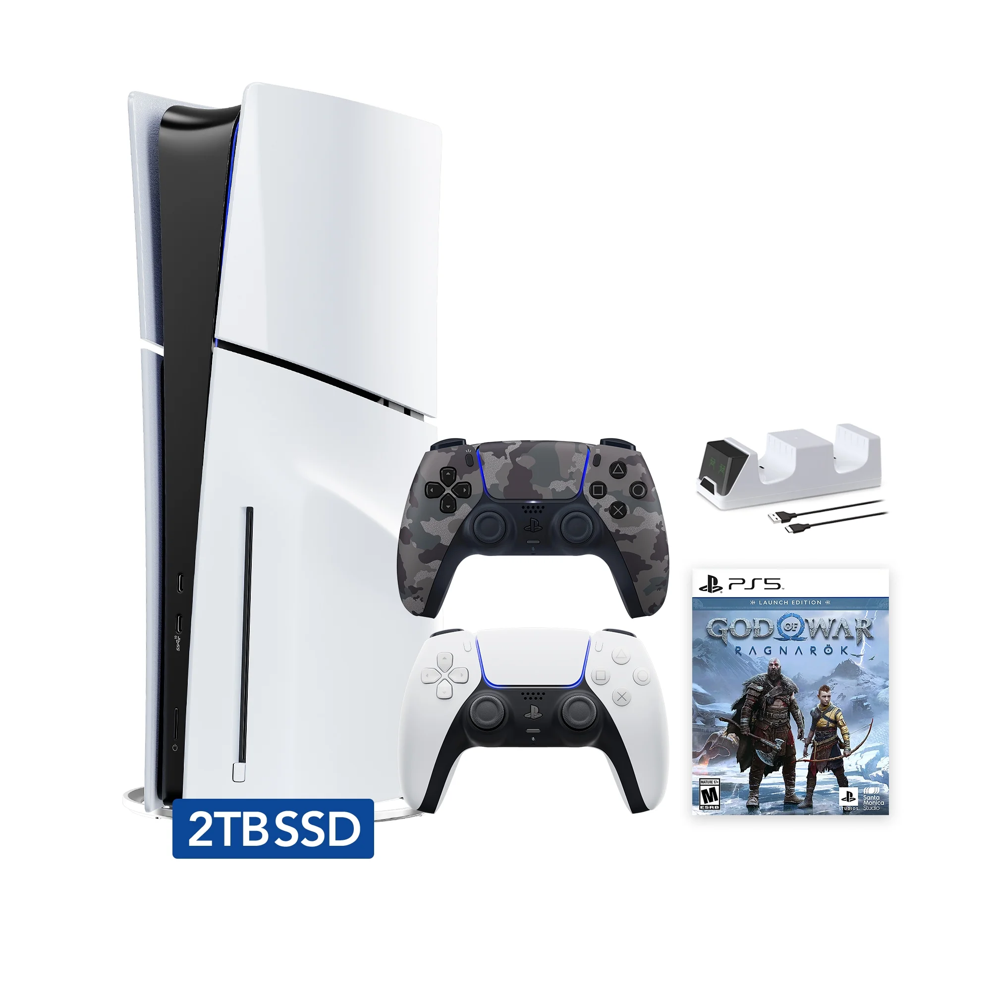 PlayStation 5 Slim Disc 2TB SSD Edition God of War Ragnarok Bundle with Two Controllers White and Gray Camouflage DualSense and Mytrix Dual Controller Charger - PS5 Gaming Console
