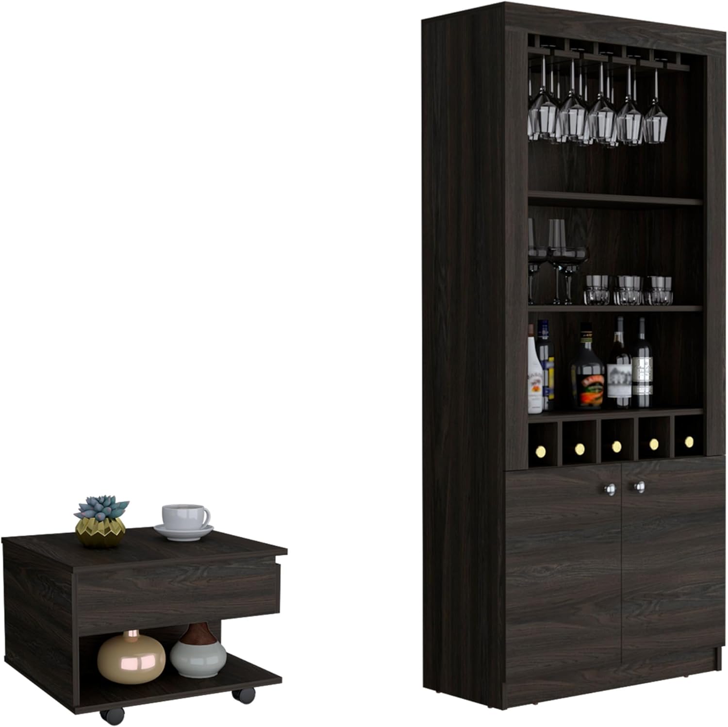 Tuhome Furniture Cheshire 2-Piece Living Room Set with Bar Cabinet and Coffee Table, Espresso