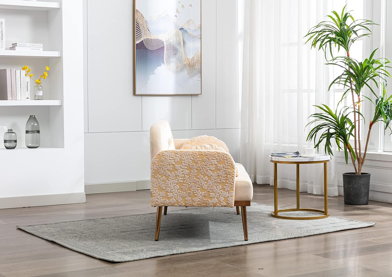 KUIKUI Mid Century Modern Velvet Love Seats Sofa, Couches for Living Room, Sofa Bed with Metal Feet, Beige