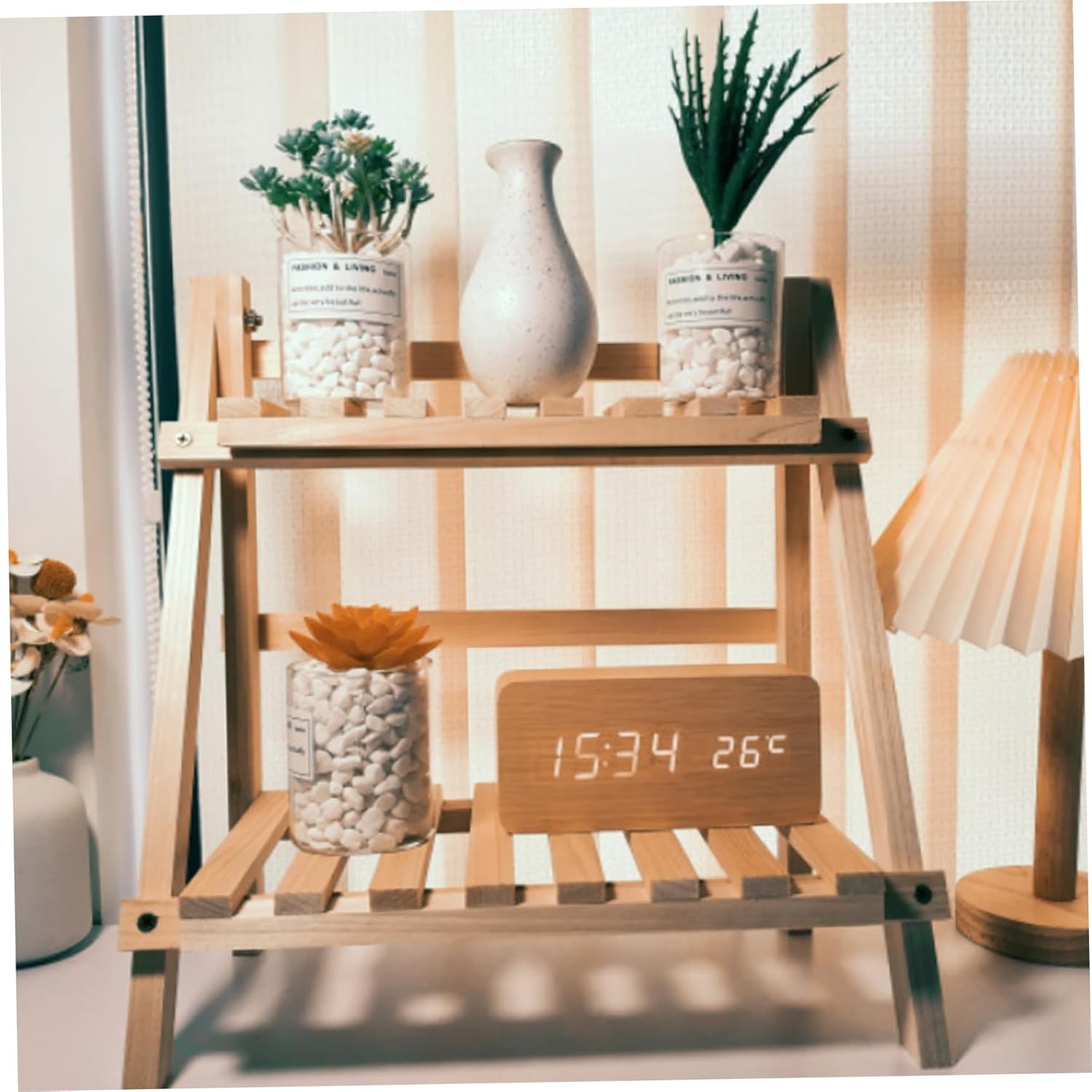 2 Tier Wooden Ladder Shelf, Table Shelf Unit Free Standing Plants Pot Stand Shelves Tabletop Wooden Display Stand Organizer for Living Room Bedroom 34x18x35cm