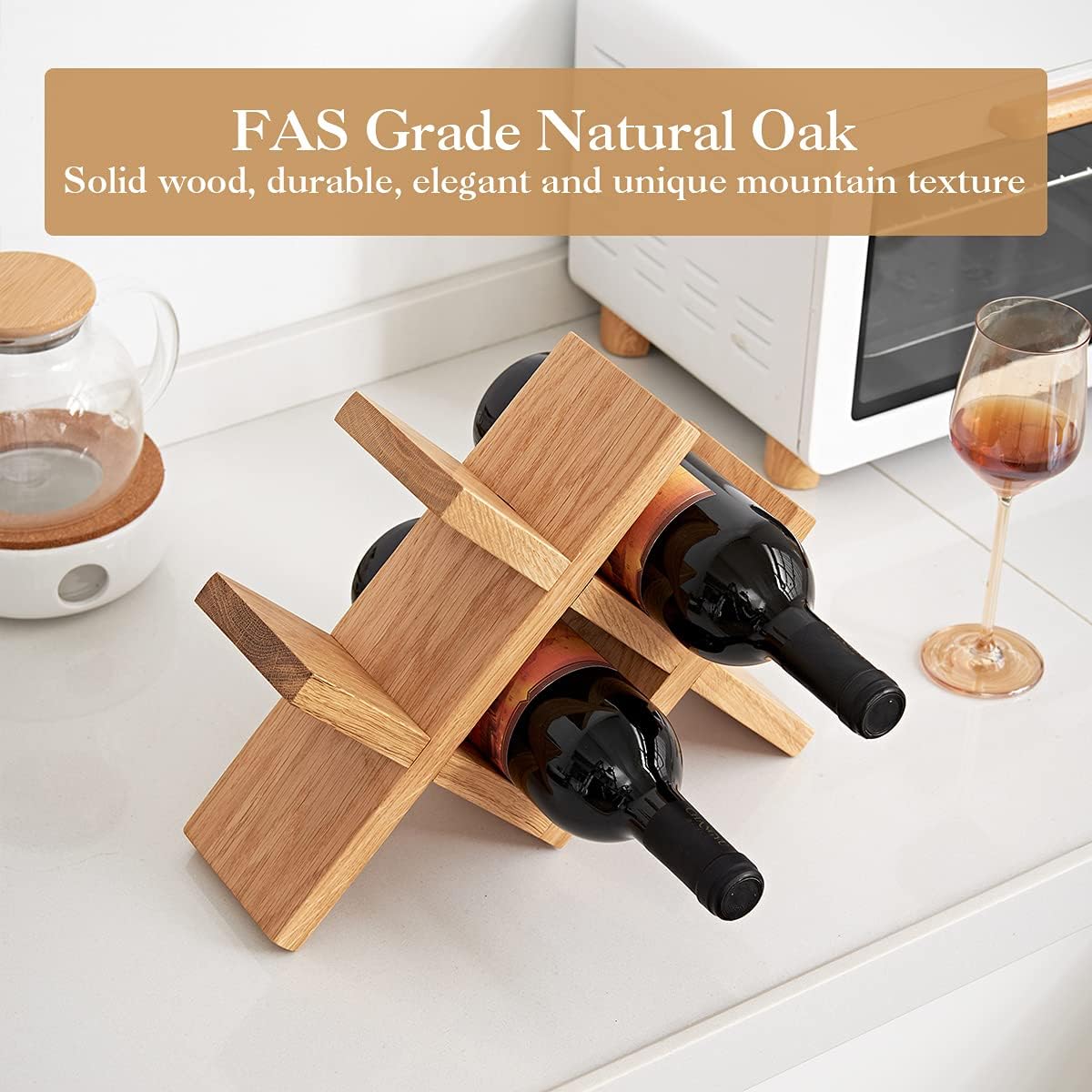 OAKERLAND Oak Wood Wine Rack Countertop, 4 Bottle Wine Rack Free Standing Wine Bottle Stand Holder Display Shelf for Home Kitchen Bar Cabinets, No Need Assembly