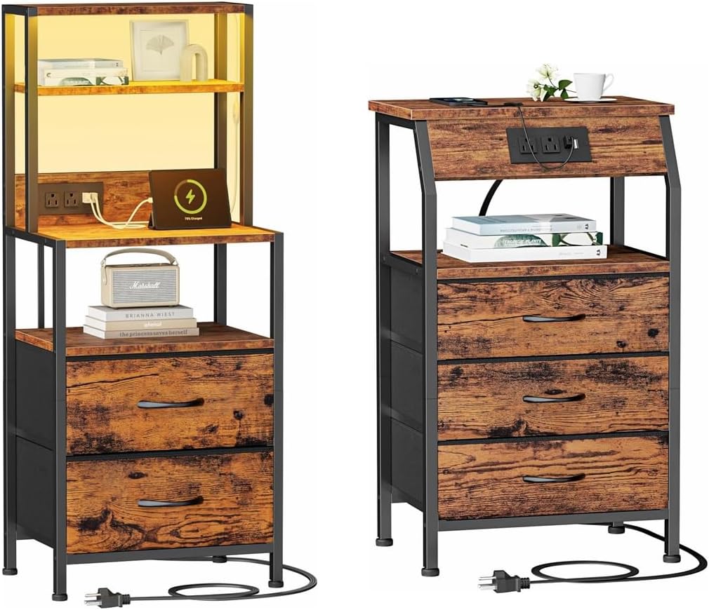 Furnulem 39inch Tall Nightstand with 2 Drawers and Charging Station,End Table with Wooden Shelf, Side Table with USB Ports and Outlets for Bedroom, Entryway, Rustic Brown