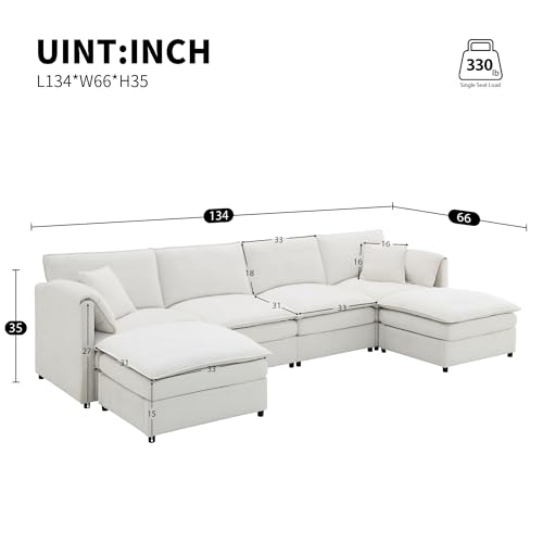 KIVENJAJA 134”W Oversized Cloud Couch Sectional, Chenille U Shaped Modular Sectional Sofa with 2 Ottomans & Pillows, 6 Seater Deep Seat Sleeper Living Room Furniture Set, Cream