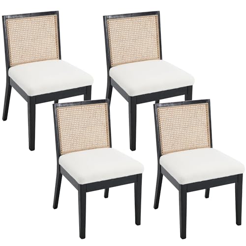 VESCASA Upholstered Dining Chairs with Square Rattan Back, Armless Padded Sherpa Fleece Cushion Dining Chairs with Wood Legs for Dining Room, Kitchen, Set of 4, Black Frame