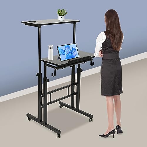 Adjustable Standing Desk with USB Ports and Power Outlets, Stand Up Desk with Storage Mobile Rolling Computer Desk Portable Laptop Table with Wheels for Home Office, Oak