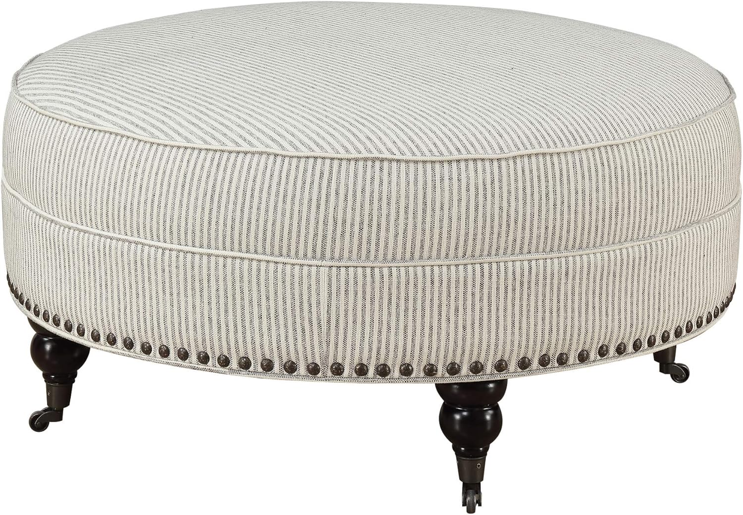 Caroline Pebble Gray Stripe Round Ottoman with Turned Feet, Nailhead Trim, and Seam Welting