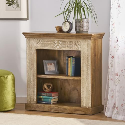Boho Molena 2-Shelf Book Shelf/Bookcase, Handcrafted Mango Wood Bookcase, Modern Contemporary Solid Wood Bookcase for Living Room, Study, Bedroom, Walnut + White Distressed