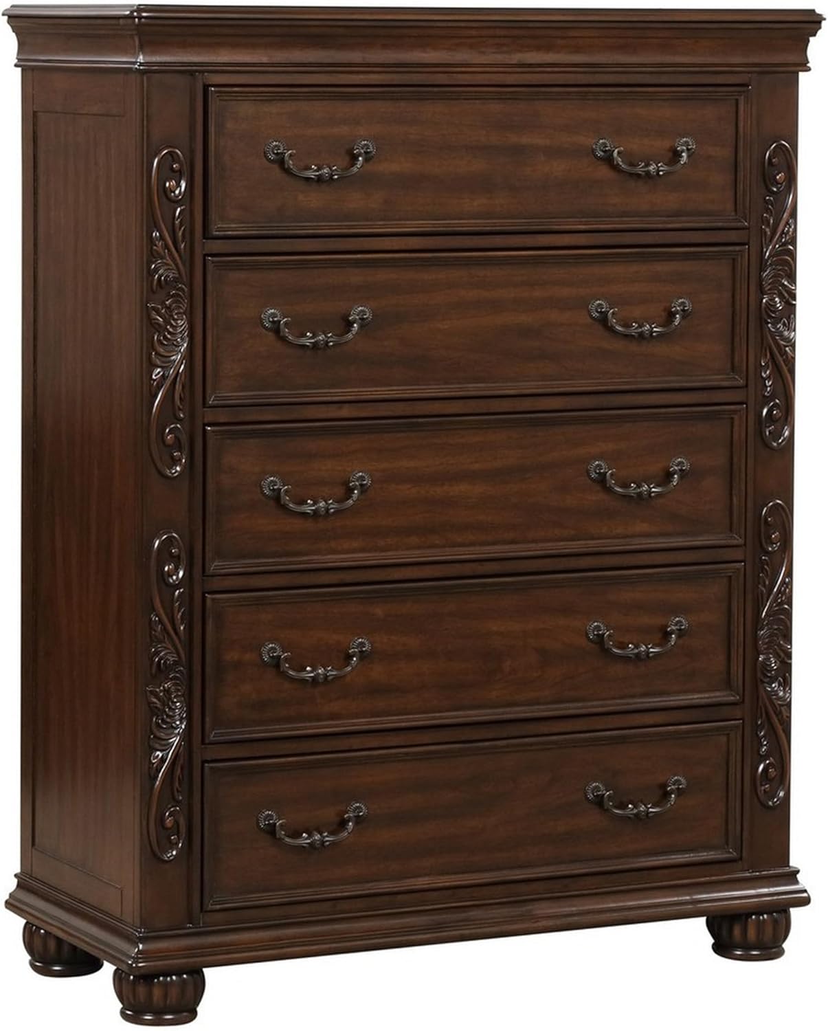 Benjara Brown Akil 54 Inch Tall Dresser with 5 Drawers, Floral Carved Cherry Wood