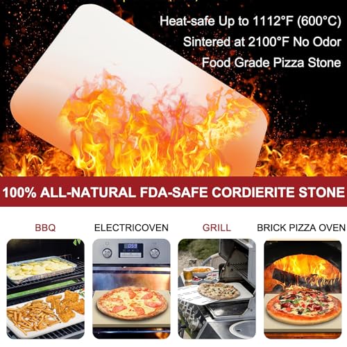 4 PCS Large Pizza Stone Set - Rectangle Pizza Stone For Oven And Grill, Wood Pizza Peel(OAK), Pizza Steel Cutter & 20pcs Cooking Paper, 15