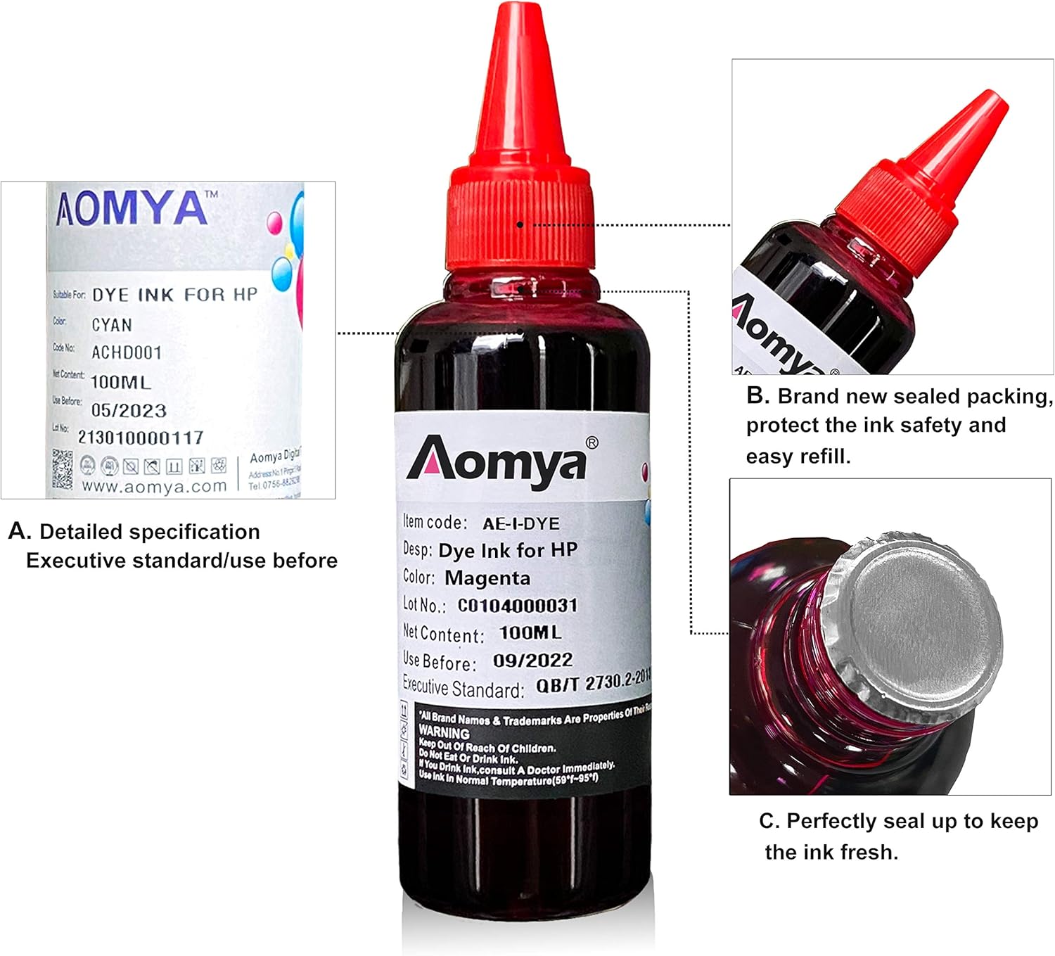 Aomya Ink Refill kit 5x100ml for Canon 250 251 270 271 280 281 1200 2200 PG240 CL241 PG245 CL246 PG210 Refillable Ink Cartridge CIS CISS System with 5 Syringes (PBK, BK, C, M, Y)
