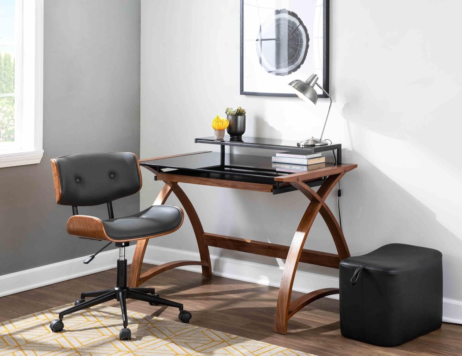 Vintage Modern Adjustable Office Chair with Walnut and Gray Swivel Seat - Stylish and Comfortable Home Office Desk Chai