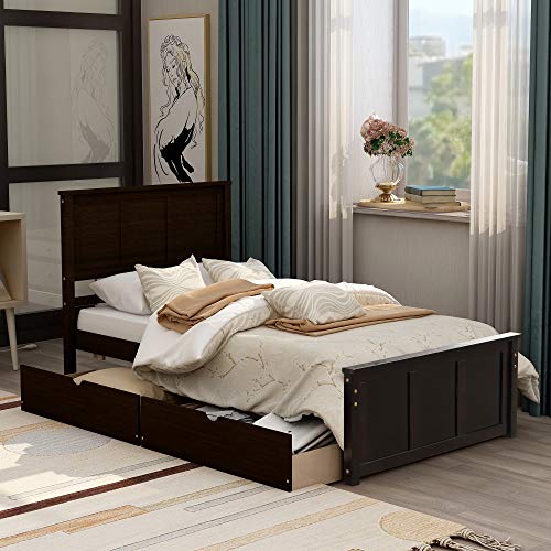 Twin Size Storage Platform Bed Frame, Solid Wood bed frame with 2 drawers equipped with Wheels,Noise free,No Box Spring Needed,Easy Assembly