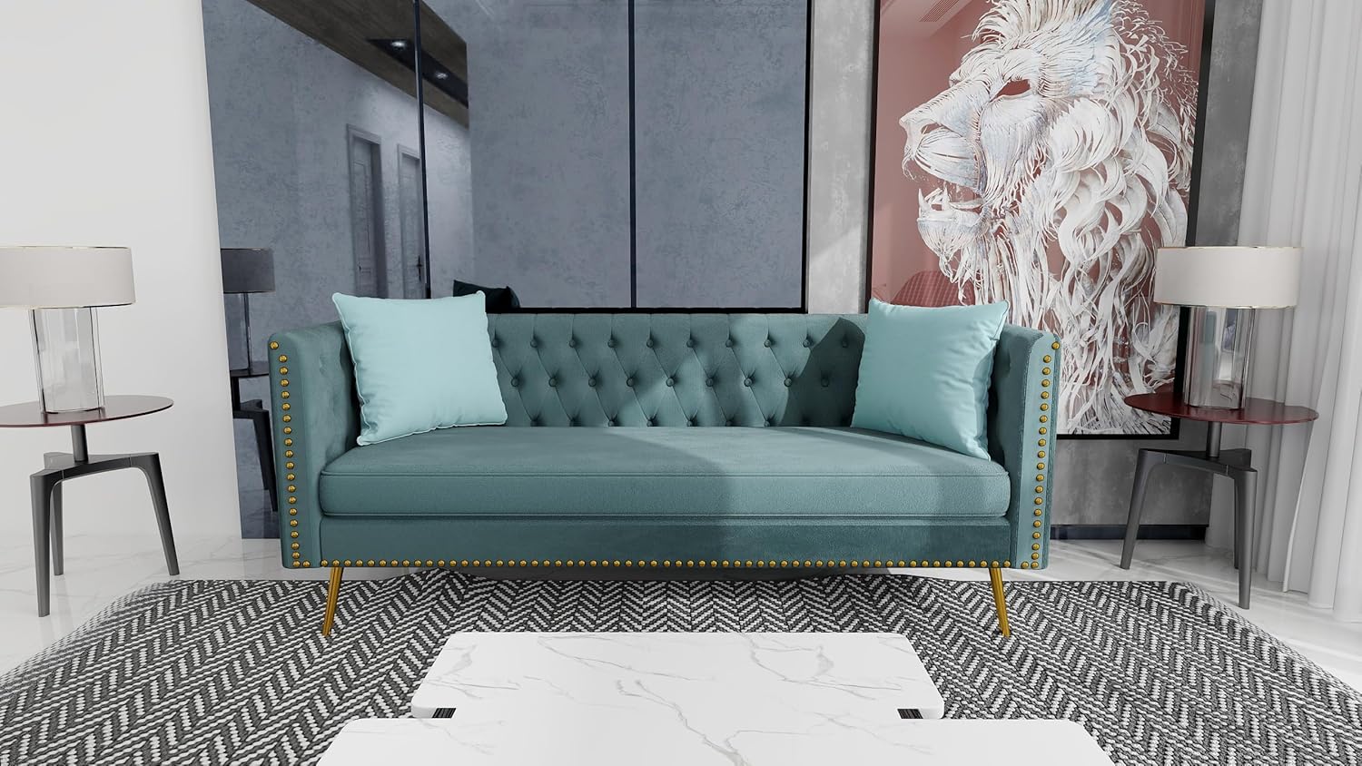 Modern Flat Armrest Living Room Sofa Teal Three Seat Sofa with Two Throw Pillows