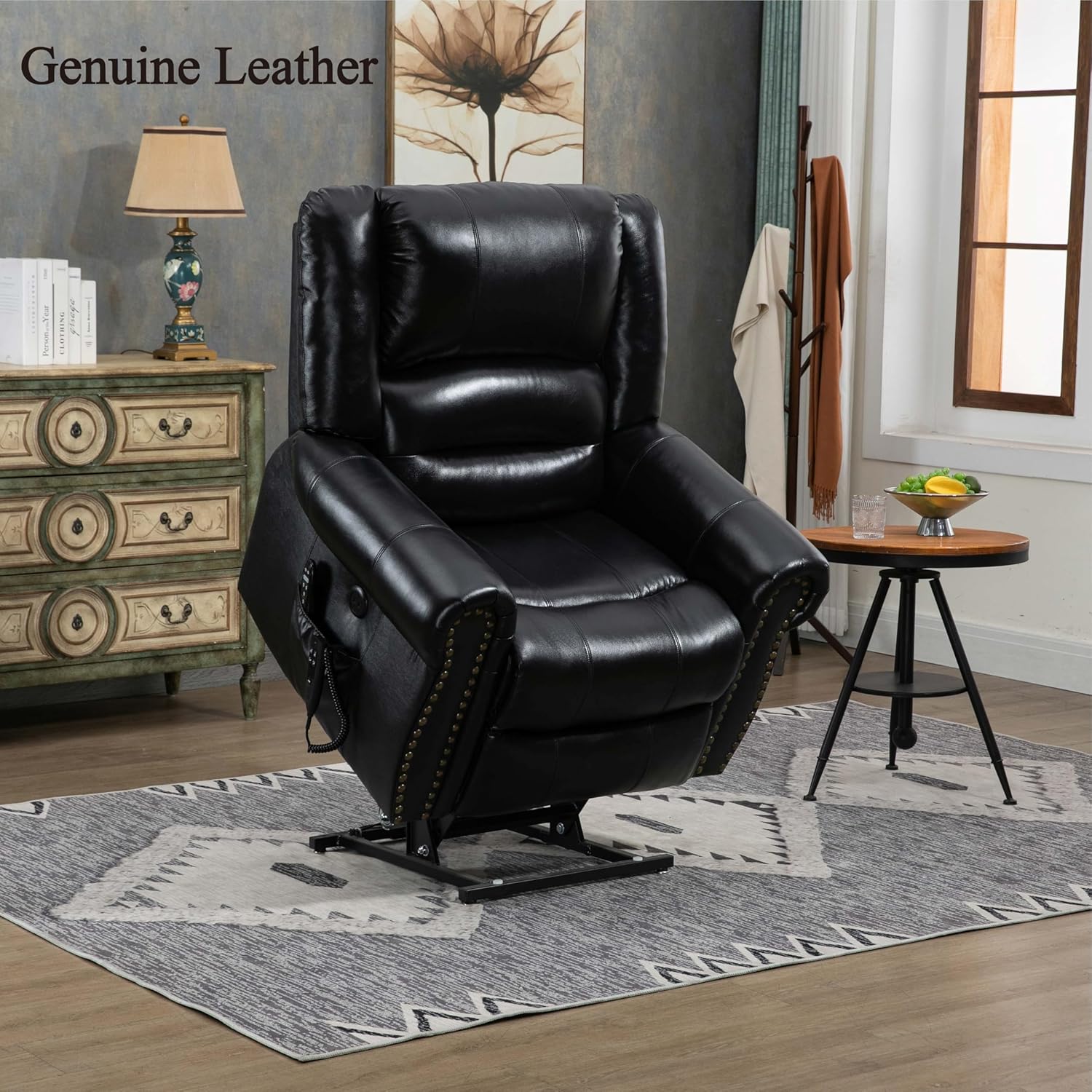 Black Power Lift Recliner Massage Heat Solid Modern Contemporary Recline