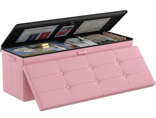 DocSafe Storage Ottoman Bench with Lock,Fireproof Folding Storage Bench Foot Rest Stool Storage Chest with Storage Safe for Important Documents,Waterproof Leather 30 Inches Ottoman with Handles,Gray