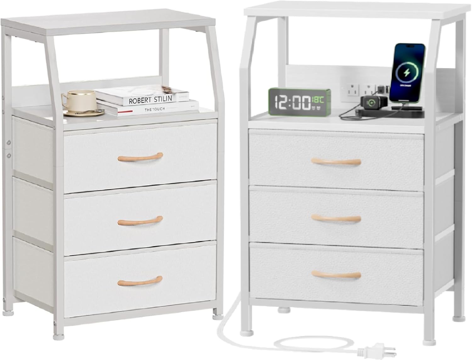 Furnulem Nightstands Set of 2, White Nightstand with 3 Drawers + Night Stand with Charging Station