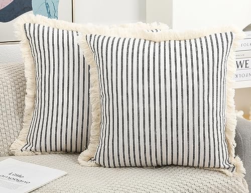 Set of 2 Light Blue Boho Throw Pillow Covers 16 x 16,Cotton Neutral Pillow with Tassel Fringe,Decorative Pillow Cover Pillow Case Cushion Cover for Bed Sofa Couch Farmhouse Living Room