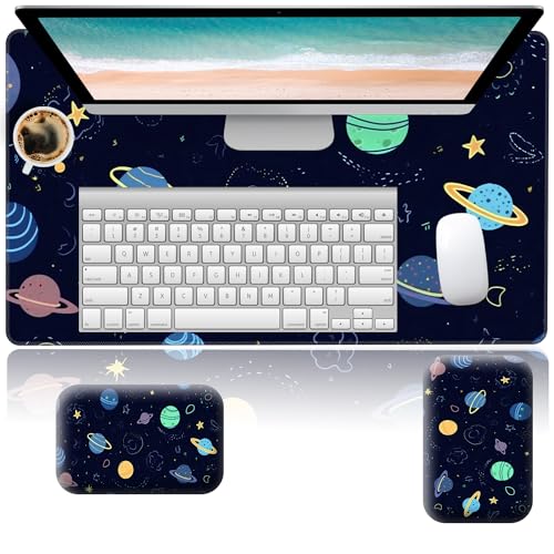Large Gaming Mouse Pad + Memory Foam Ergonomic Keyboard Wrist Rest Support+ Wrist Rest + Coaster, Extended Desk Pad Set, Stitched Edge Non-Slip Desk Mat 4PC for Office & Home, Watercolor Horse