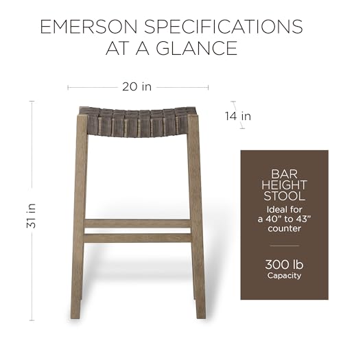 Maven Lane Emerson 31 Inch Tall Bar Height Backless Saddle Barstool in Weathered Grey Wood Finish with Ronan Stone Vegan Leather Seat, Set of 4