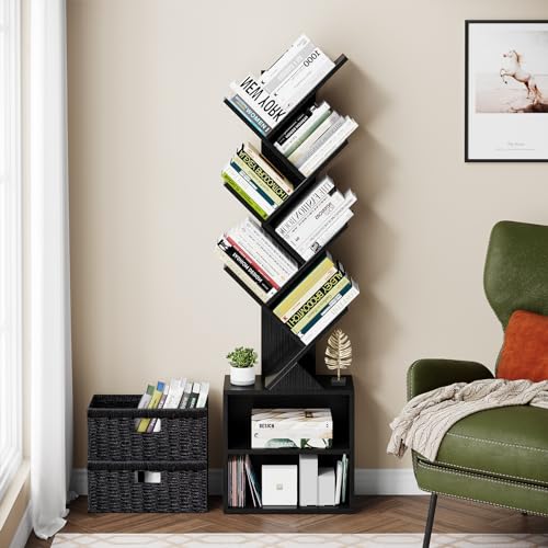 Vagusicc 6 Tier Tree Bookshelf, Modern Floor Standing Bookcase with Storage Drawer, Space Saving Storage Organizer Book Shelves for Books, Tall Wood Storage Rack for Bedroom/Living Room/Home Office