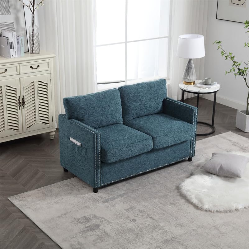 Sectional Couches for Living Room, Sectional Sofa Loveseat Sofa Couch with Armrest & Side Pocket, Built-in Nailheads Trim, 2-Seat Small Sofa Couch for Bedroom, Small Space, Apartment, Teal Blue