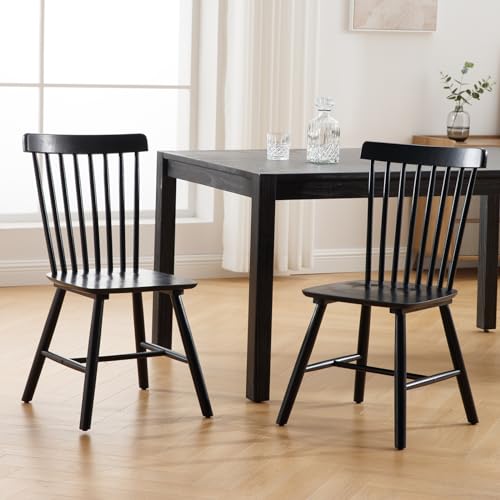 Farmhouse Style Windsor Chairs Set of 2, Vintage Kitchen & Dining Room Chairs with Spindle Back, Comfy Armless Solid Wood Side Chair for Home/Living Room/Restaurant, Walnut Wood